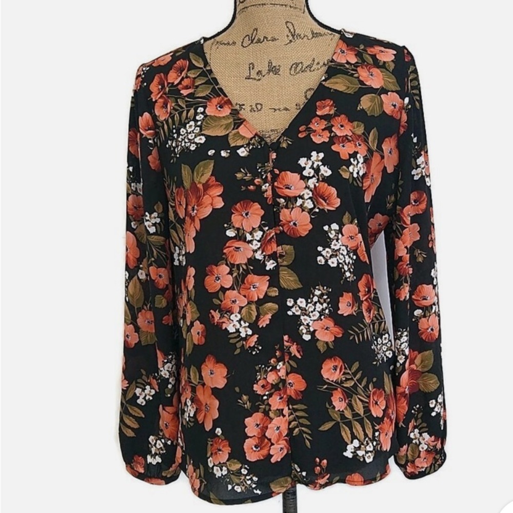 Make offer! Ann Taylor Factory Black and Orange Floral Blouse Medium